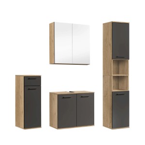 4-teiliges Badmöbel Set „Der Steuermann“ in Eiche-Schwarz: Spiegelschrank, Waschbeckenunterschrank und zwei Hochschränke.