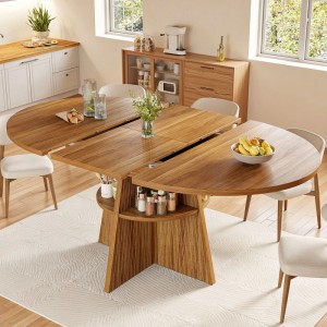 Merax Esstisch ausziehbar, dunkelbraunes Holz, mit integriertem Stauraum und runden Ecken im Esszimmer.