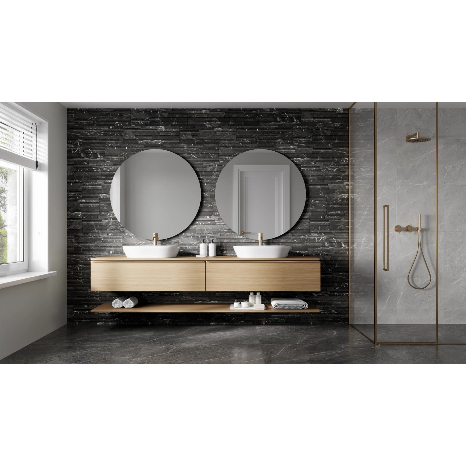 Badezimmer mit Klimex Verblender Feinsteinzeug UltraStrong Marble Black als Wandverkleidung.