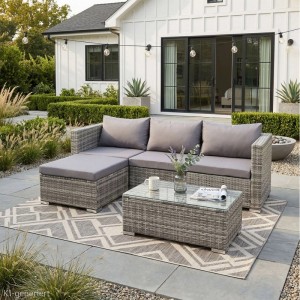 Graue SVITA QUEENS Gartenlounge, 5-teiliges Gartenmöbel Set aus Polyrattan mit Tisch und Kissen.