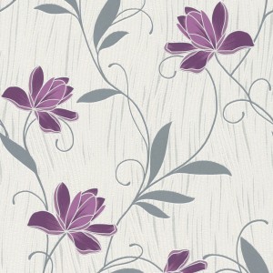 Bricoflor Papiertapete mit lila Blüten und grauen Ranken auf weißem Grund.