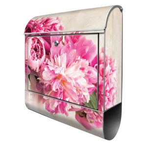 Silberner Briefkasten mit Pfingstrosen-Motiv und Zeitungsfach.