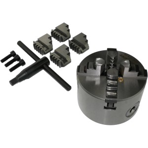 Rotwerk 4-Backenfutter (8 cm) mit Spannbacken, Schrauben und Schlüssel für Drehmaschinen.