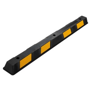 Schwarzer Gummi Radstopper, 165 cm, mit gelben Reflexstreifen. Robuste Einparkhilfe für Garage & Parkplatz.