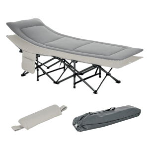 Outsunny Campingbett, hellgrau, mit Stahlrahmen, Oxfordstoff, Kopfstütze und Tragetasche.