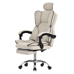 Beiger, ergonomischer ML-Design Bürostuhl mit verstellbarer Rückenlehne und Beinauflage.