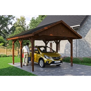 Satteldach-Carport Wallgau in Nussbaum mit schwarzen Dachschindeln und Auto.