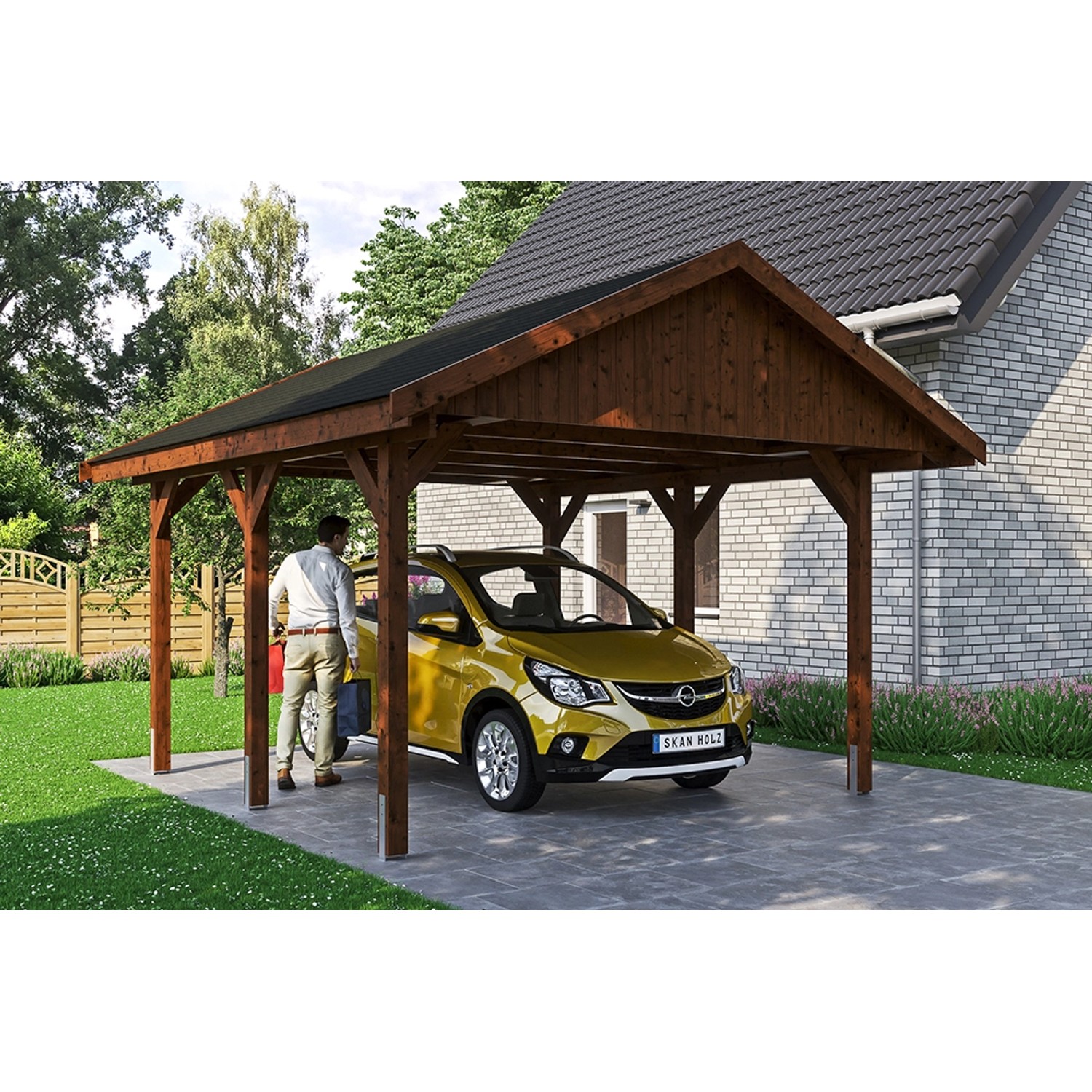 Satteldach-Carport Wallgau Nussbaum 430 x 500 cm schwarze Schindeln