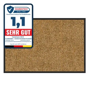 Beige Schmutzfangmatte Rhine 120x180 cm mit schwarzem Rand und WarenTest "Sehr Gut" Siegel.