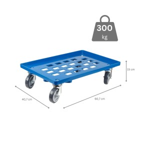 Blauer PROREGAL Transportroller für Euroboxen (60x40 cm) mit Gummirädern und Gitterdeck. Traglast 300 kg.