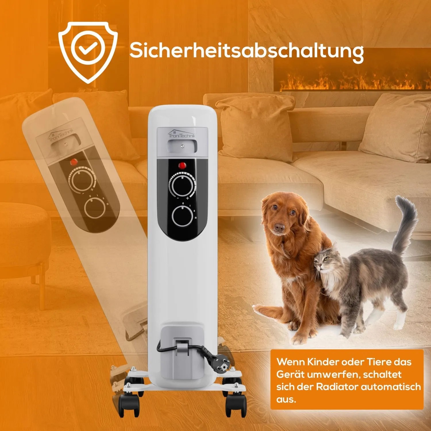 TroniTechnik Ölradiator TT-OR 111, 2500W, 11 Rippen, mit Hund und Katze im Hintergrund.