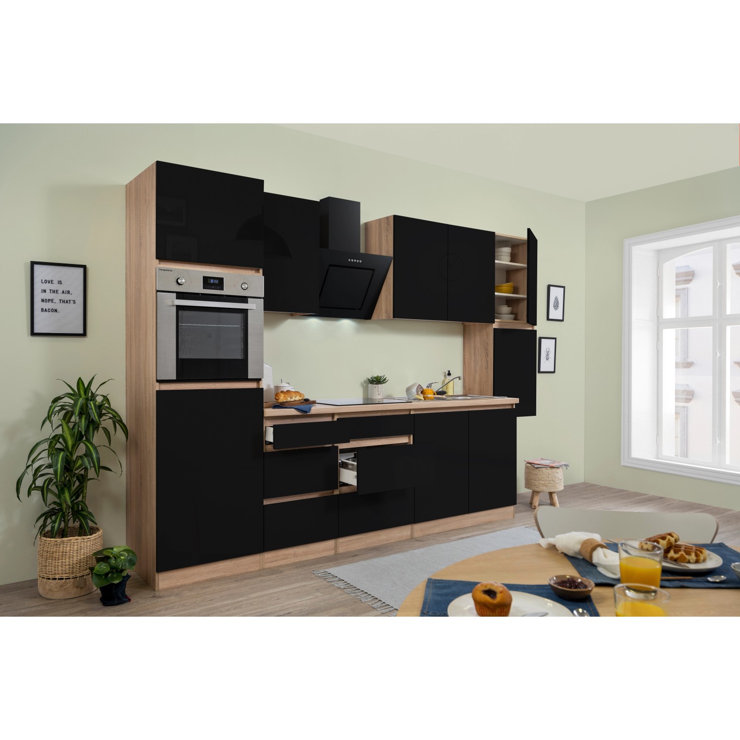 Respekta Küchenzeile/Küchenblock GLRP320HESS Grifflos 320 cm Schwarz Hochglanz-Sonoma Eiche