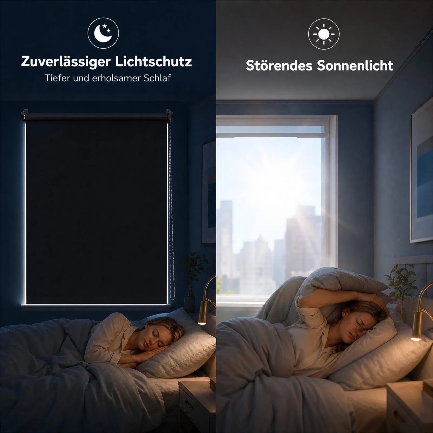 Schwarzes SALCAR Verdunkelungsrollo Klemmfix für Fenster. Links: Dunkles Schlafzimmer, Person schläft. Rechts: Helles Sonnenlicht, Person erwacht.