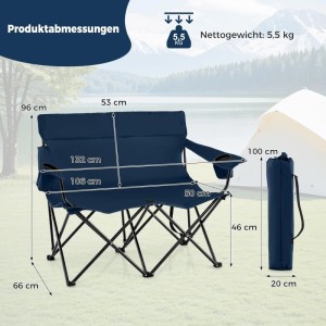 Costway Campingstuhl für 2 Personen mit Getränkehaltern 300 kg Blau