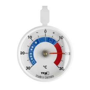 Weißes TFA Kühlthermometer mit Gefriergut-Skala zum Aufhängen.