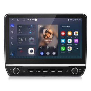 Schwarzes Junsun Autoradio mit 10 Zoll Android Auto Touchscreen, GPS, WiFi, Bluetooth und physischen Tasten.