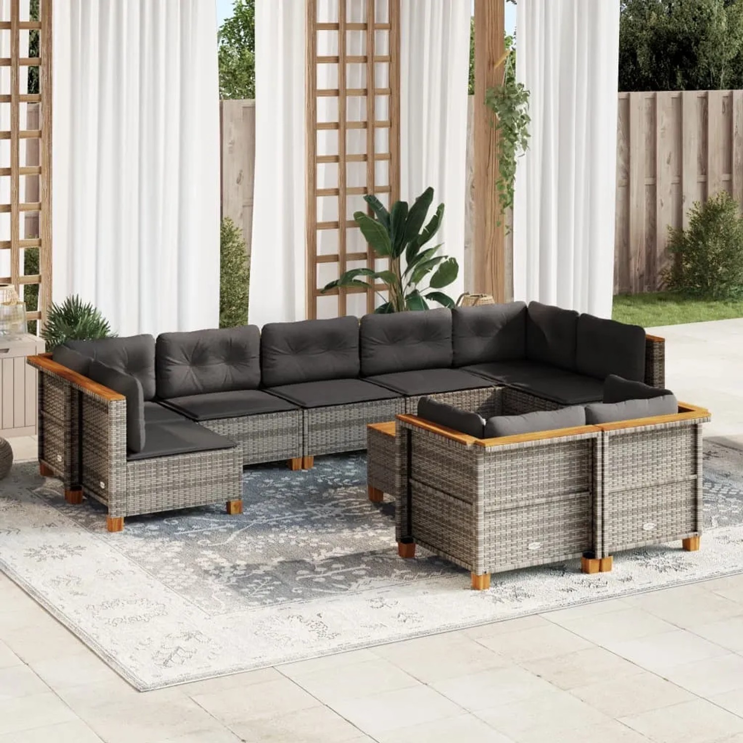 Graue 10-tlg. vidaXL Garten-Sofagarnitur aus Polyrattan mit Kissen und Tisch.