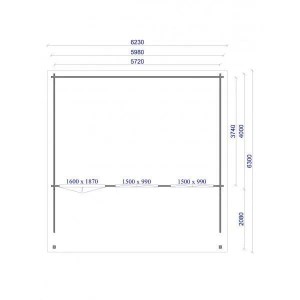 Grundriss des Finn Art Blockhauses Norwegen 11, 6x4m, mit detaillierten Maßen für Wände, Tür und Fenster.