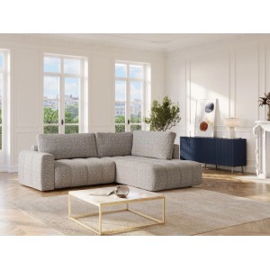 Graues 5-Sitzer Ecksofa Loriona aus meliertem Stoff mit Steppoptik in einem modernen Wohnzimmer.