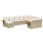 Beige 10-tlg. Garten-Sofagarnitur aus Polyrattan mit Kissen und Ablagetischen.