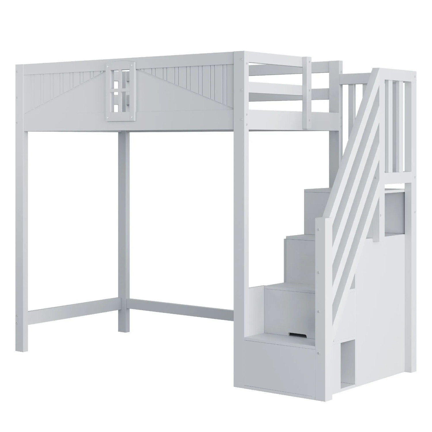 okwish Hochbett 90x200cm mit Sicherheitstür Fenster Stauraumleiter Jugendbett Grau ohne Matratze