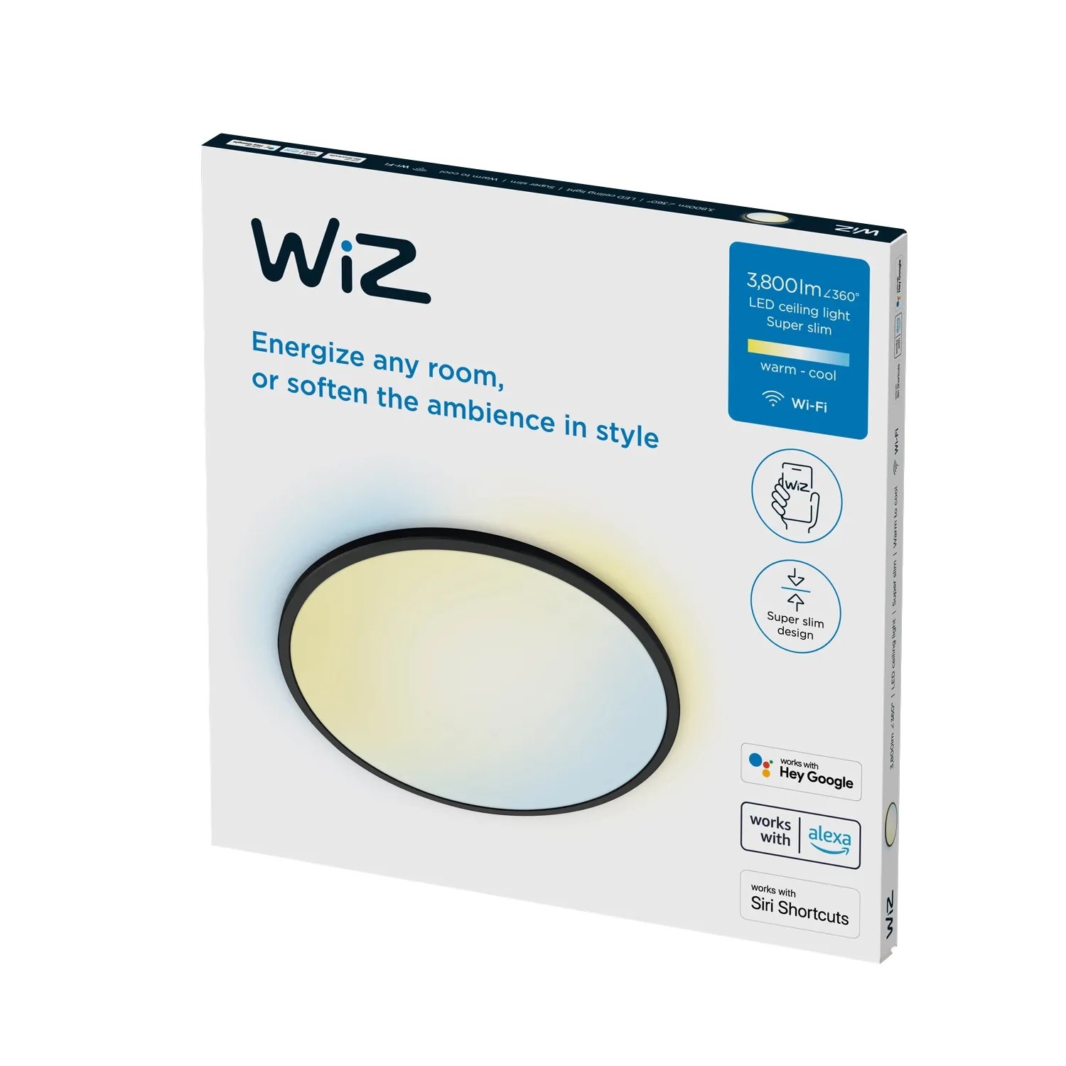 Verpackung der schwarzen WiZ LED-Deckenleuchte SuperSlim, tunable white, Ø 55cm.