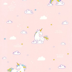 Rosa Kindertapete mit Einhörnern, Wolken und Sternen für ein zauberhaftes Kinderzimmer.