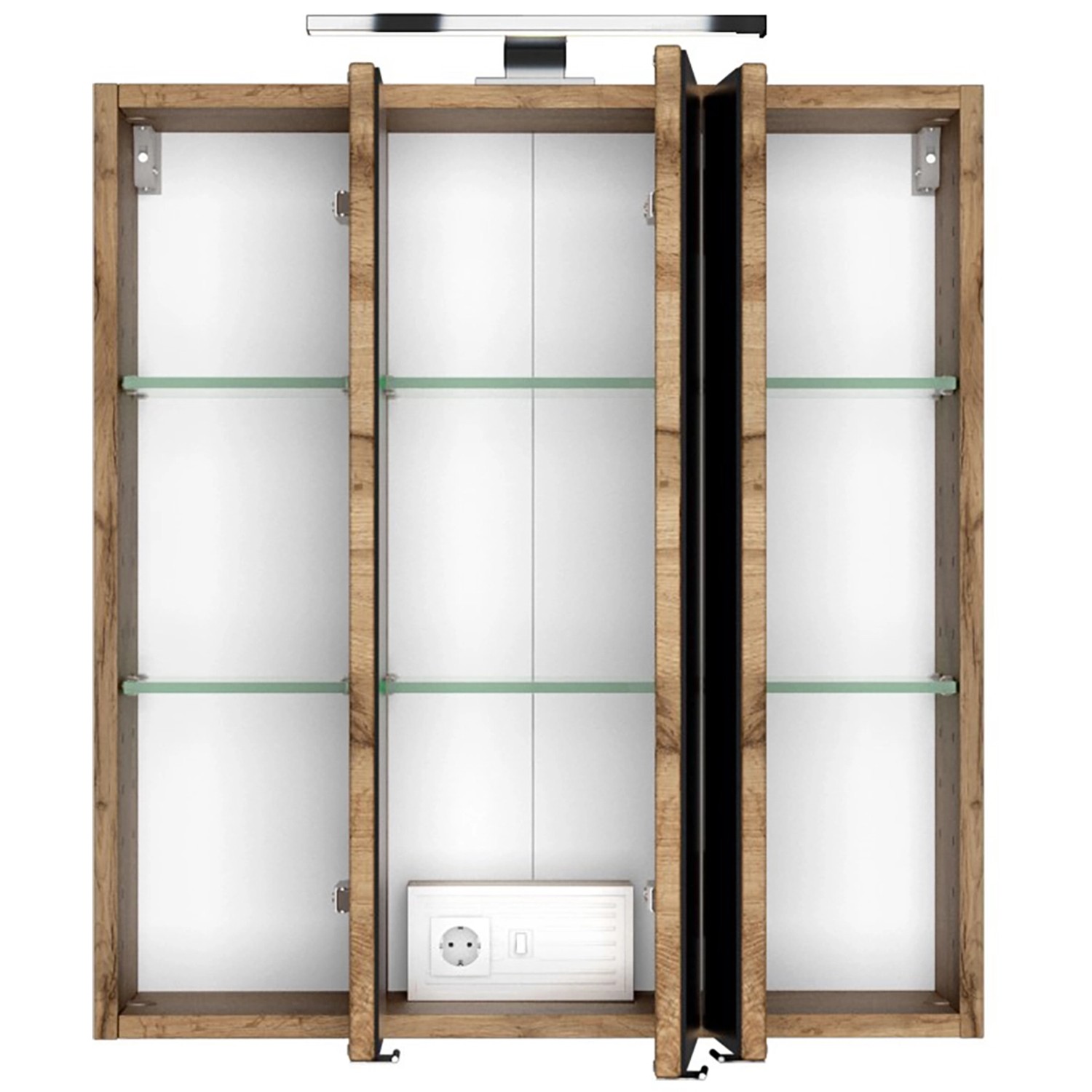 Offener Held Möbel Spiegelschrank Verona, 60 cm, Wotaneiche, mit Glasböden und LED-Beleuchtung.