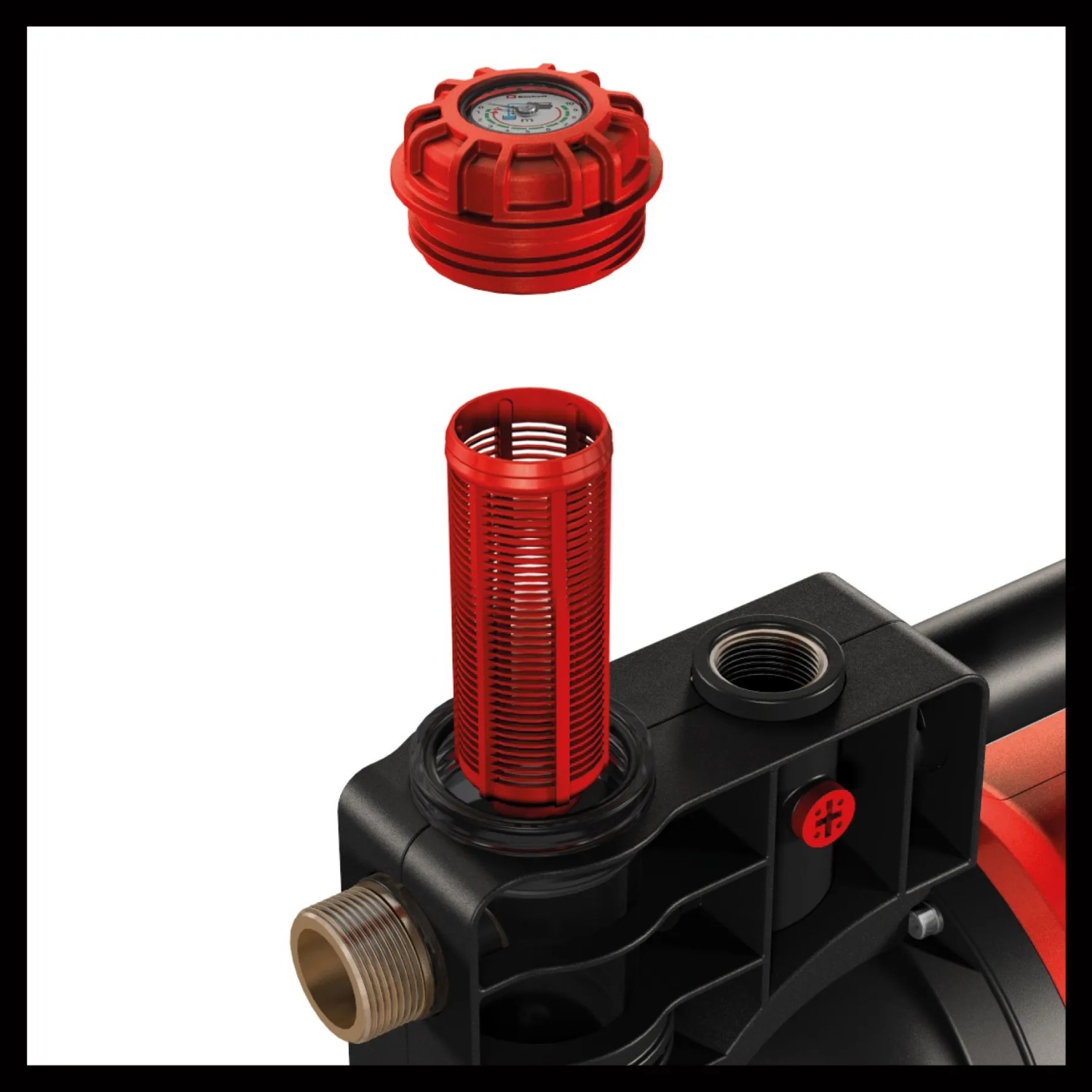 Einhell GE-GP 1145 ECO Gartenpumpe: Detailaufnahme von Filter und Einfüllöffnung.