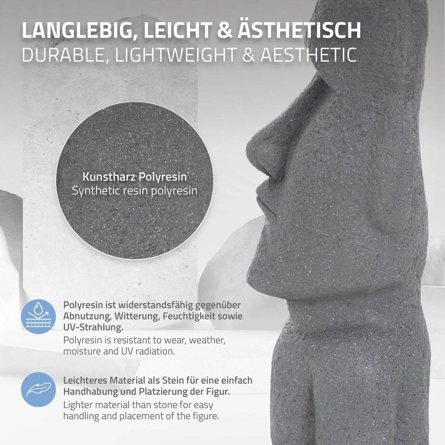 Graue Moai Figur Rapa Nui (53,5 cm) aus Kunstharz für exotische Deko.