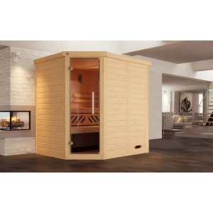 Weka Ecksauna Kemi Sparset mit Glastür und Ofen, Fichte natur, für entspannte Sauna-Momente.