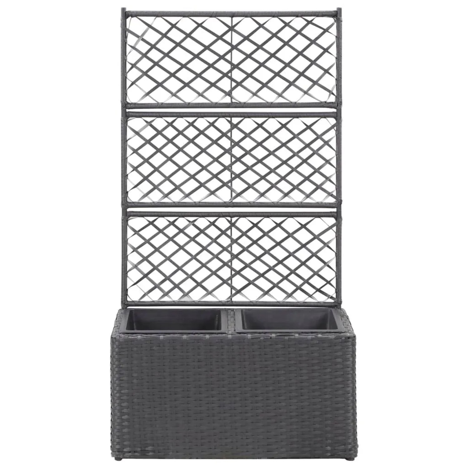 Schwarzer DELUKE Rankkasten aus Rattan mit 2 Töpfen und Rankgitter. Ideal als Pflanzkasten und Rankhilfe.