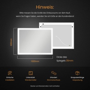 Emke LED Badspiegel 100x60 cm: Maßzeichnung mit Abmessungen und Hinweisen zur Installation.