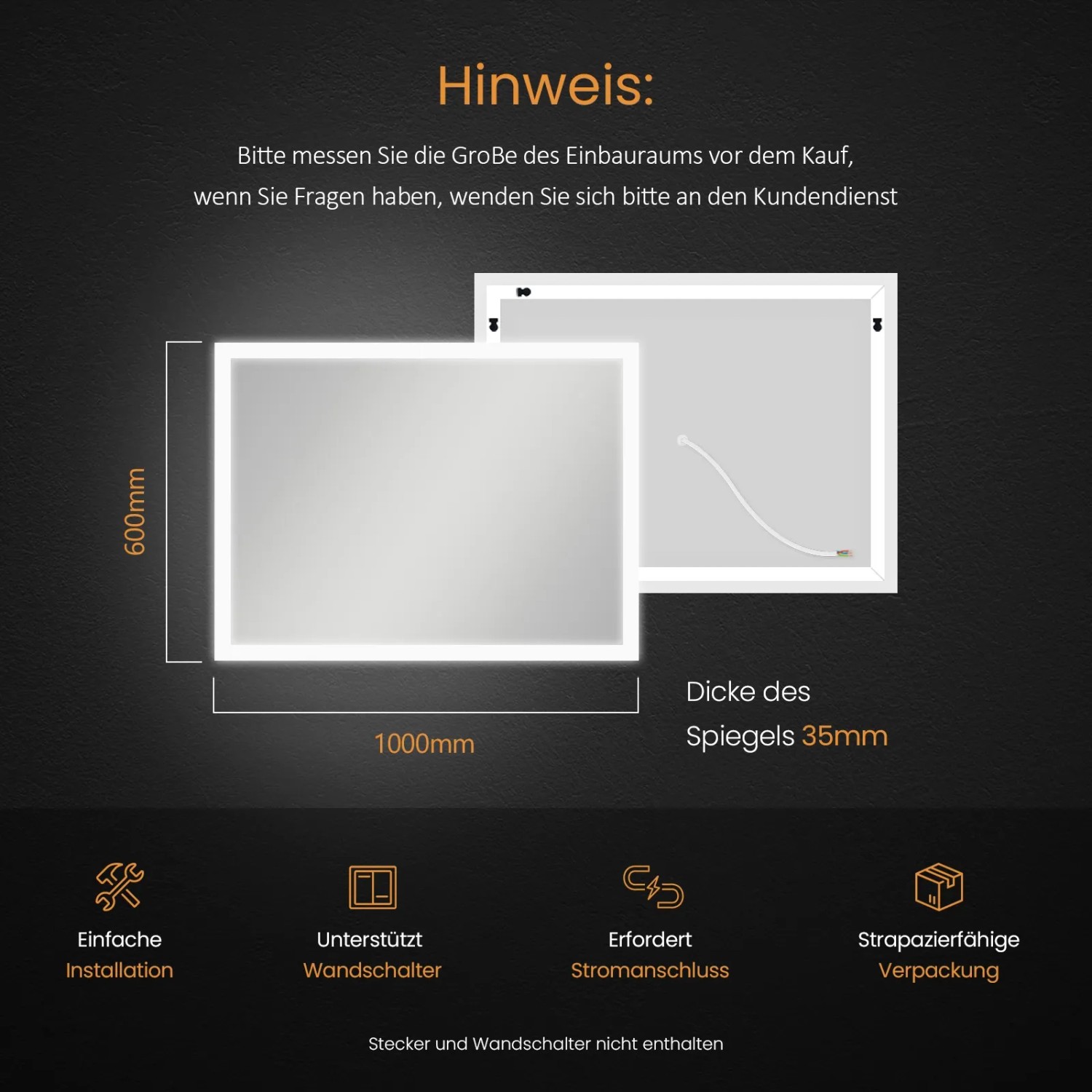 Emke LED Badspiegel 100x60 cm: Maßzeichnung mit Abmessungen und Hinweisen zur Installation.