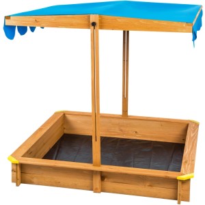 Tectake Sandkasten Emilia aus Holz mit blauem, verstellbarem Dach und Sitzrand.