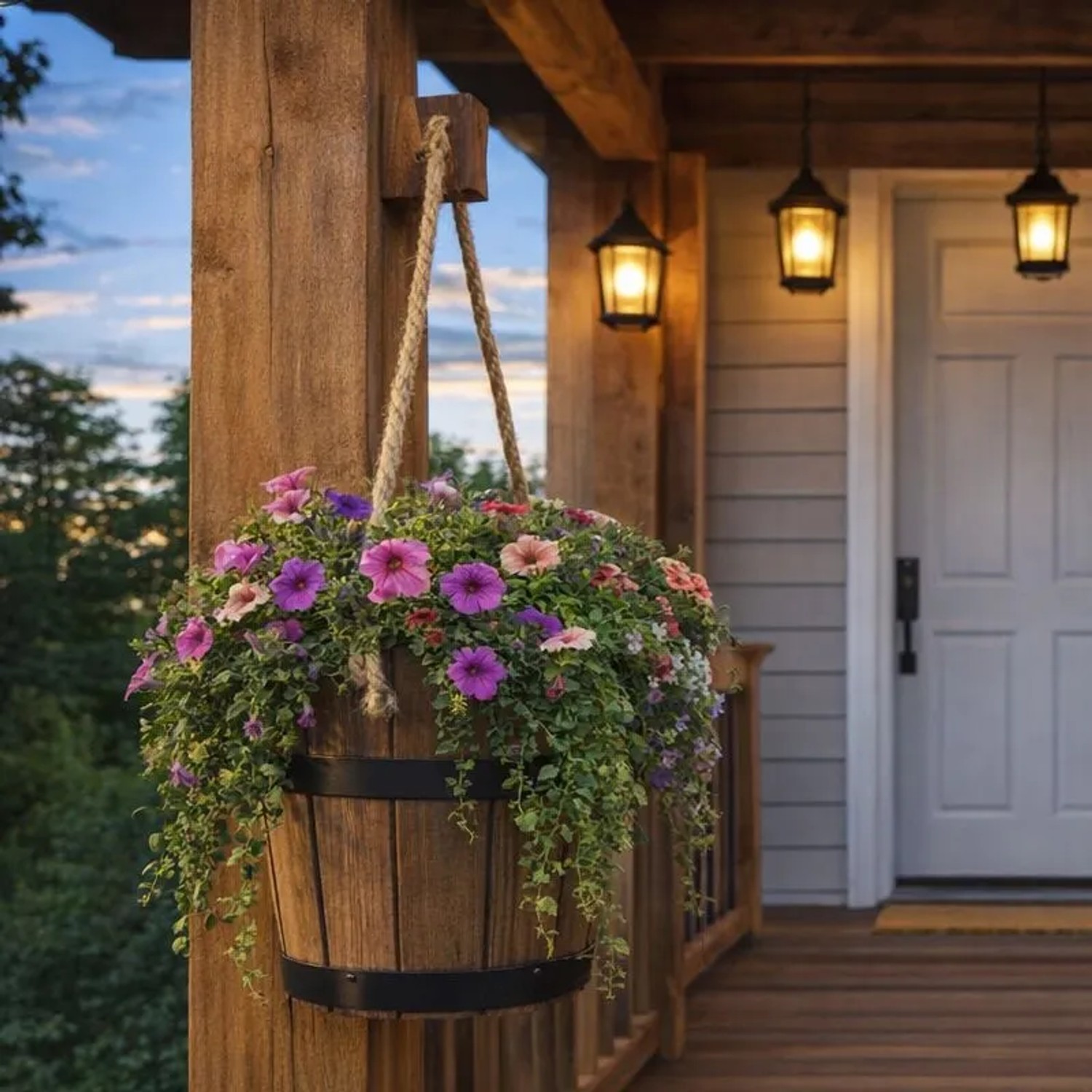 Rustikaler HolzFee Pflanzkübel Dunkel Walnuss mit Seilgriff, bepflanzt mit bunten Blumen, hängt an Veranda.