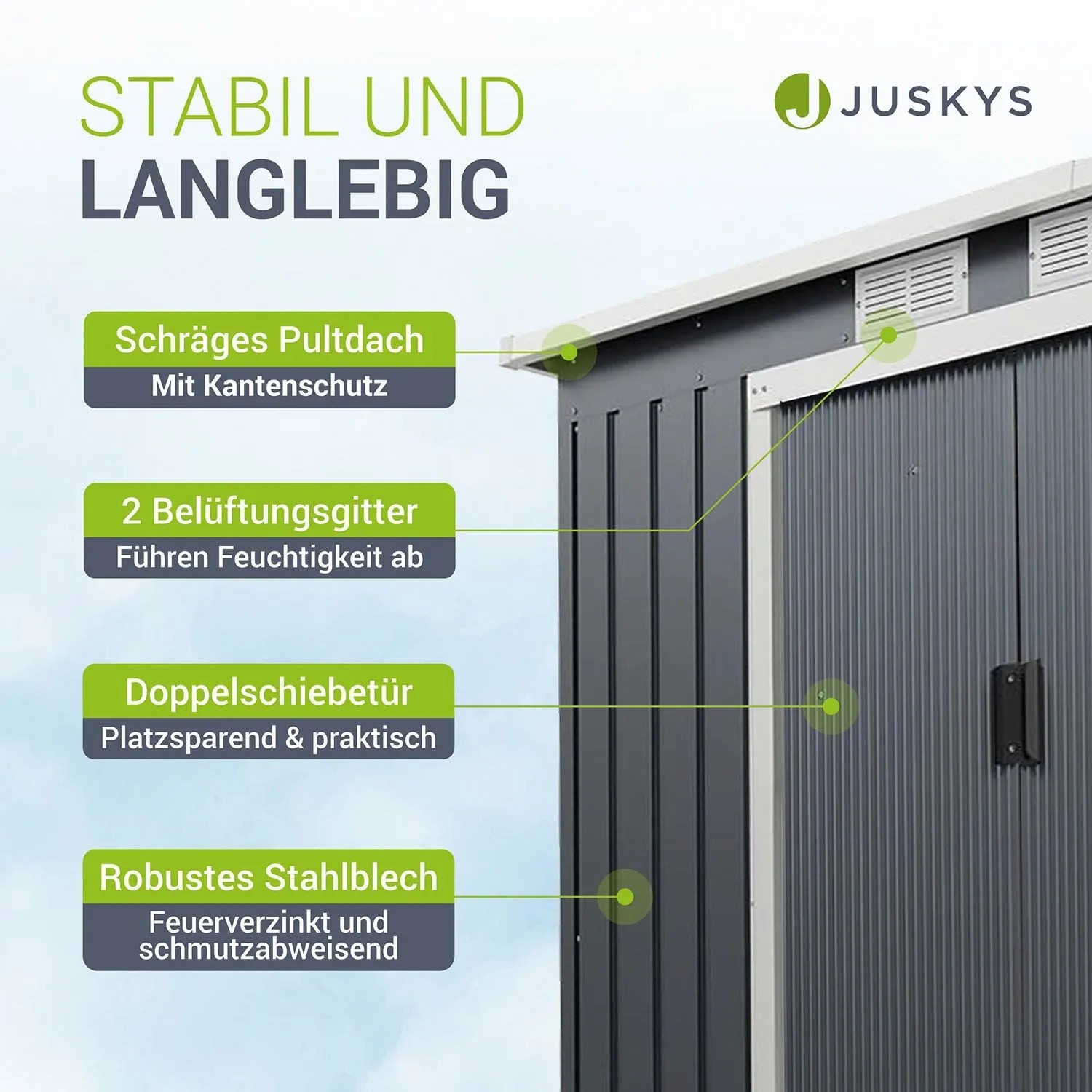 Juskys Metall Gerätehaus M in Anthrazit mit Pultdach und Schiebetür. Gartenhaus aus Stahlblech.