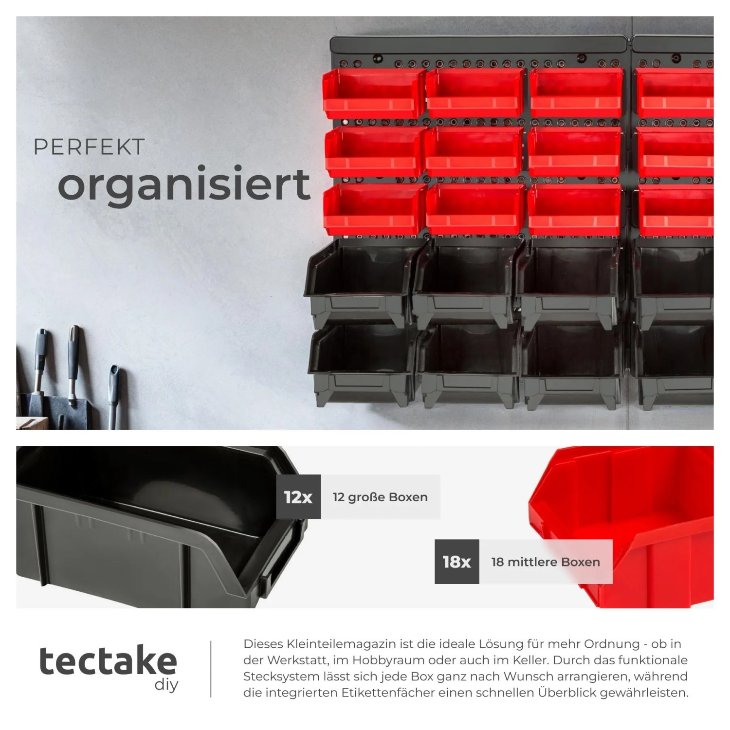 Tectake Wandregal mit roten und schwarzen Stapelboxen zur Werkzeugsortierung.