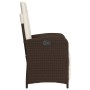 Brauner Poly Rattan Gartensessel mit cremeweißen Kissen, seitlich. Verstellbarer Relaxsessel mit Fußteil.