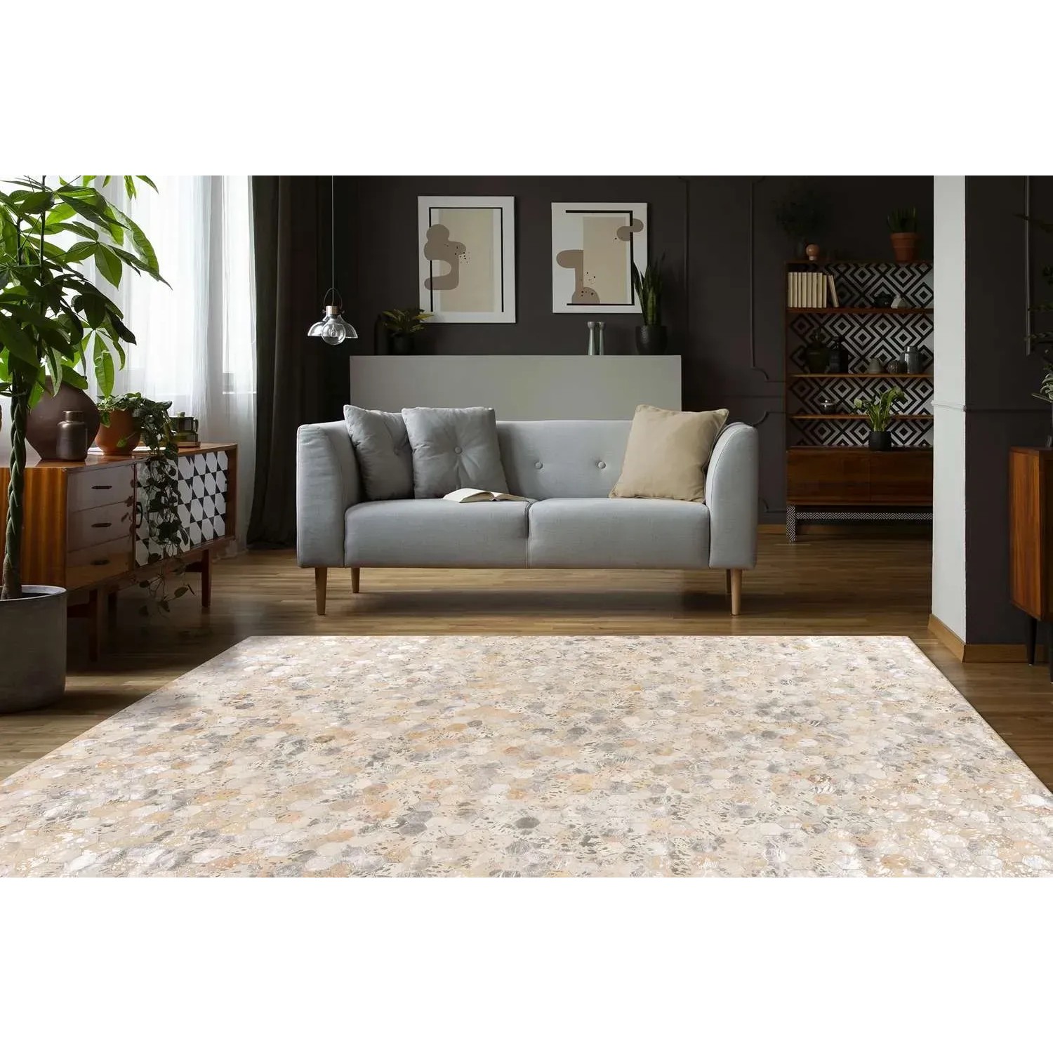 MeGusta Flachflor Teppich Fátima in Silber/Leder, 160x230 cm im Wohnzimmer.