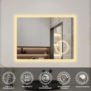 Rechteckiger Aica LED Badspiegel 80x60 cm mit dimmbarer Beleuchtung, integriertem Schminkspiegel und Antibeschlagfunktion.