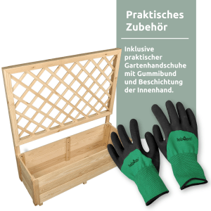 Holzfarbener Pflanzkasten mit Rankgitter und Gartenhandschuhen von holz4home.