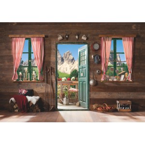 Komar Fototapete Dolomiti: Gemütliche Berghütte mit Blick auf die Dolomiten. Wanddeko im Landhausstil.