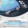 Sanilo WC-Sitz mit Absenkautomatik, hellblau mit Wolkenmuster und Montagezubehör.