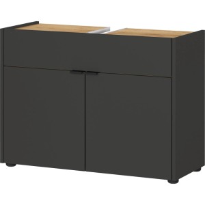 Germania Waschbeckenunterschrank Forano in Graphit mit Eiche-Dekor-Oberfläche, zwei Türen und schwarzen Metallgriffen.