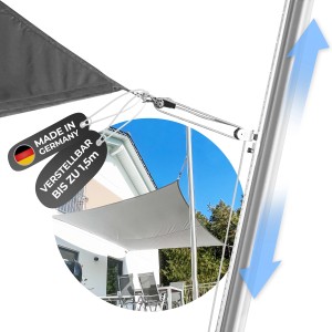 Höhenverstellbarer Sonnensegelmast aus Edelstahl mit Spannsystem und Bodenhülse.