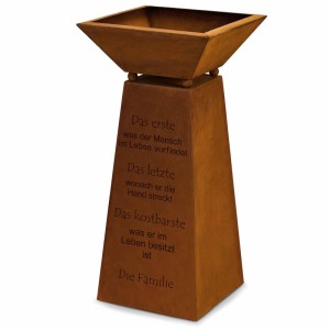 Rostikal Cortenstahl Säule 57 cm mit Pflanzschale in Edelrost-Optik. Dekosäule mit Familienspruch, ideal für Garten & Tisch.