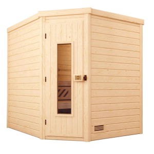 Weka Massivholzsauna Turku 2 Sparset mit Holztür und Ofen, naturbelassenes Fichtenholz.