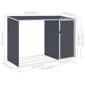 Anthrazitfarbenes vidaXL Garten Brennholzlager aus verzinktem Stahl, 245x98x159 cm.