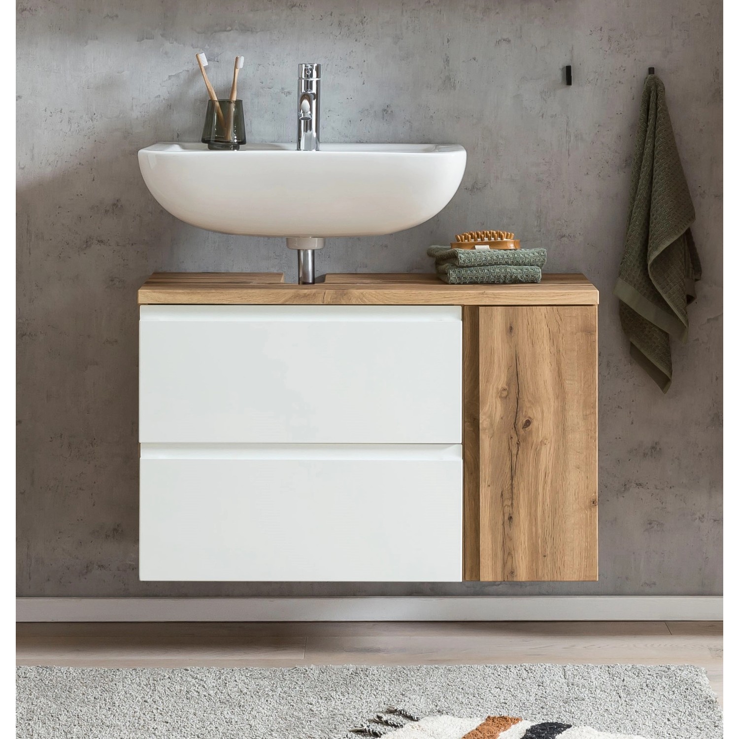 Held Möbel Unterbeckenschrank Ancona, 85 cm, Weiß/Wotaneiche, mit Waschbecken. Badmöbel-Set mit Stauraum.